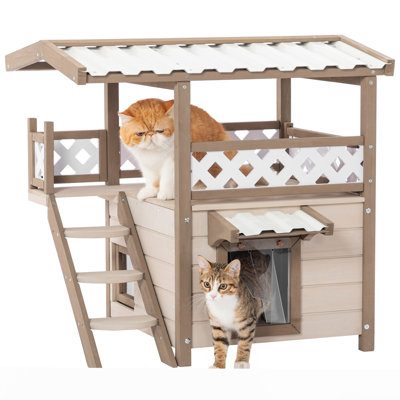 Maison de chat d'extérieur pour chat Feral avec toit en PVC durable, porte de secours, rideau et escalier