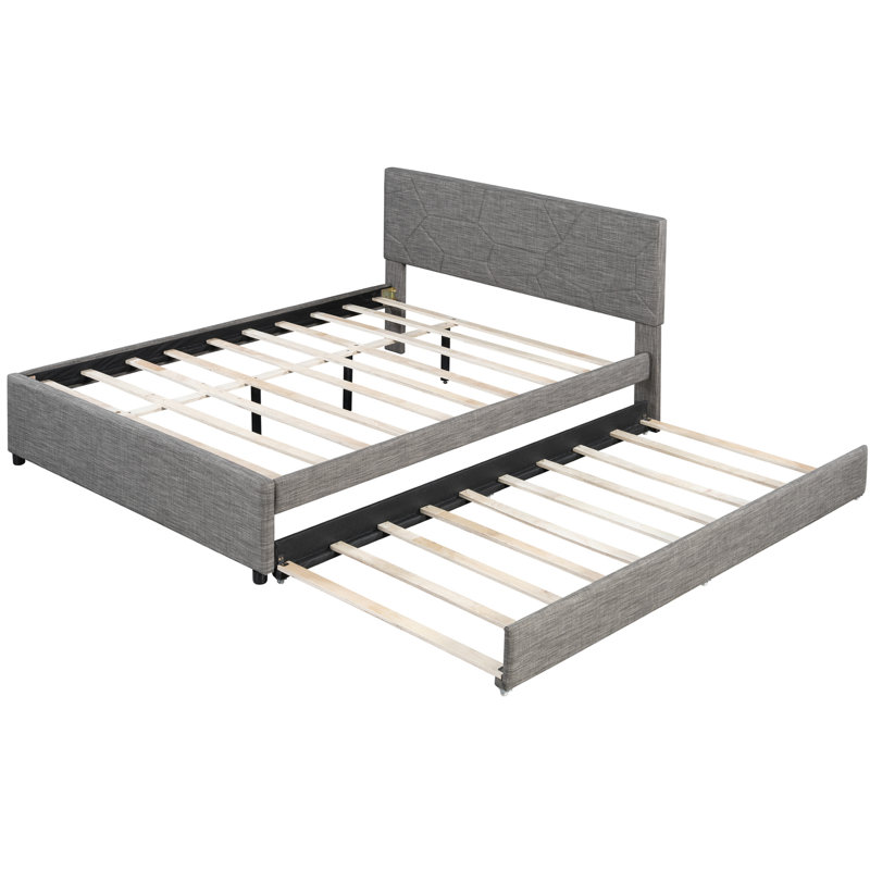 Grand lit plateforme tapissier avec tête de lit à motif brique et gigogne simple TG