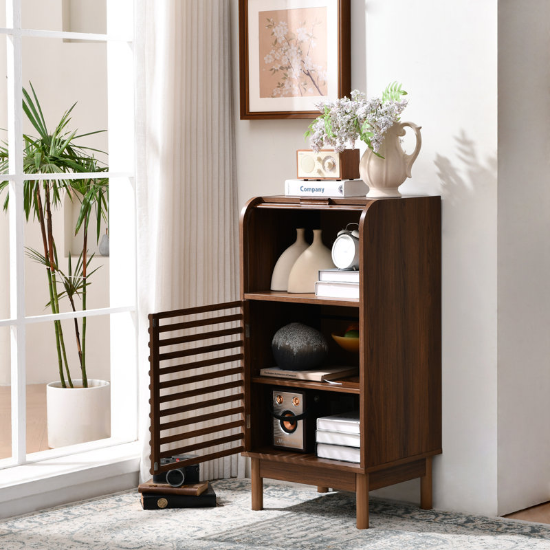 Bachman 36” Tall Brown Cabinet With Roll-Up Door And Adjustable Shelf – Modern Slatted Storage Organizer