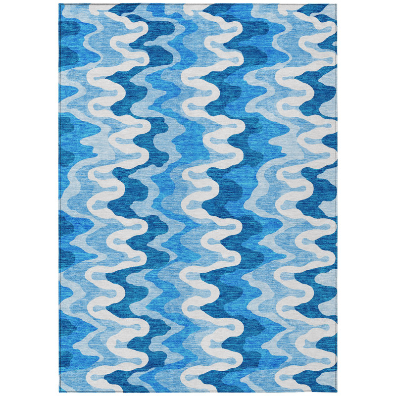 3' X 5' Sky Blue Denim Blue And Ivory Abstract Washable Indoor Outdoor Area Rug
