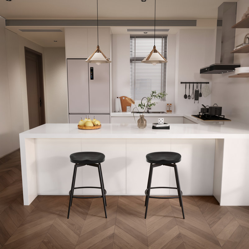 Lennon 24.8"H Industrial Solid Wood Swivel Backless Counter Stools with  Metal Base, Black Rubberwood