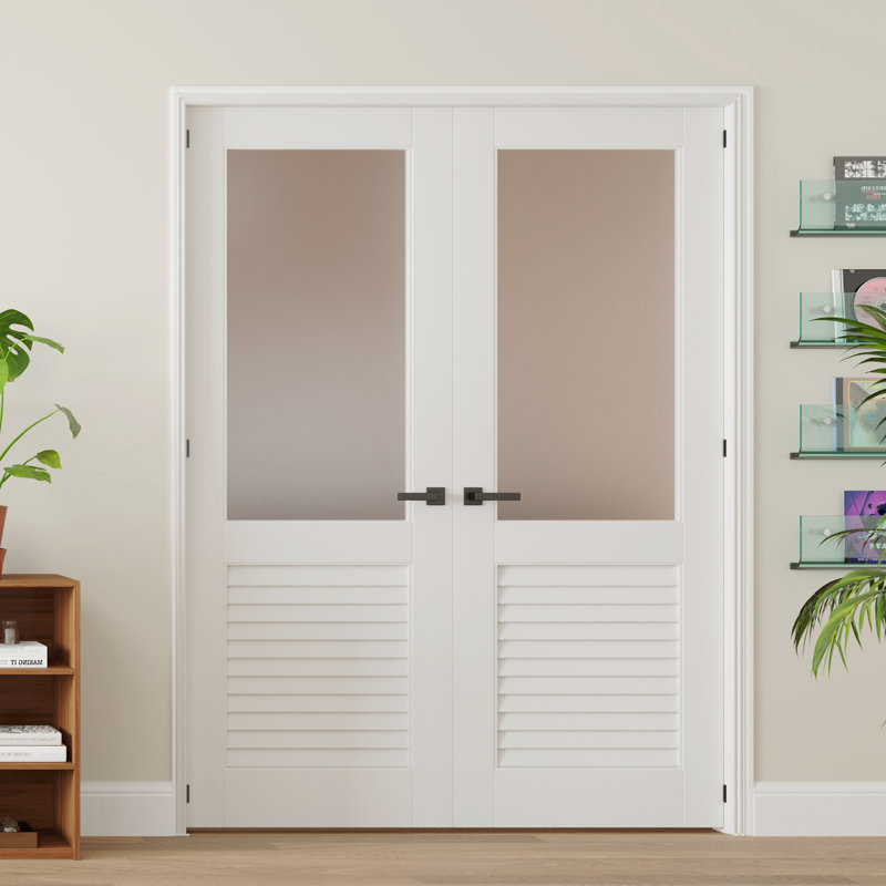 Portes intérieures de garde-manger intérieures avec porte persienne blanche en verre givré à demi-verre avec quincaillerie, poignées et cadre