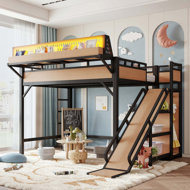 Lit mezzanine double avec glissade, rangement et fonctionnalités technologiques, Naturel