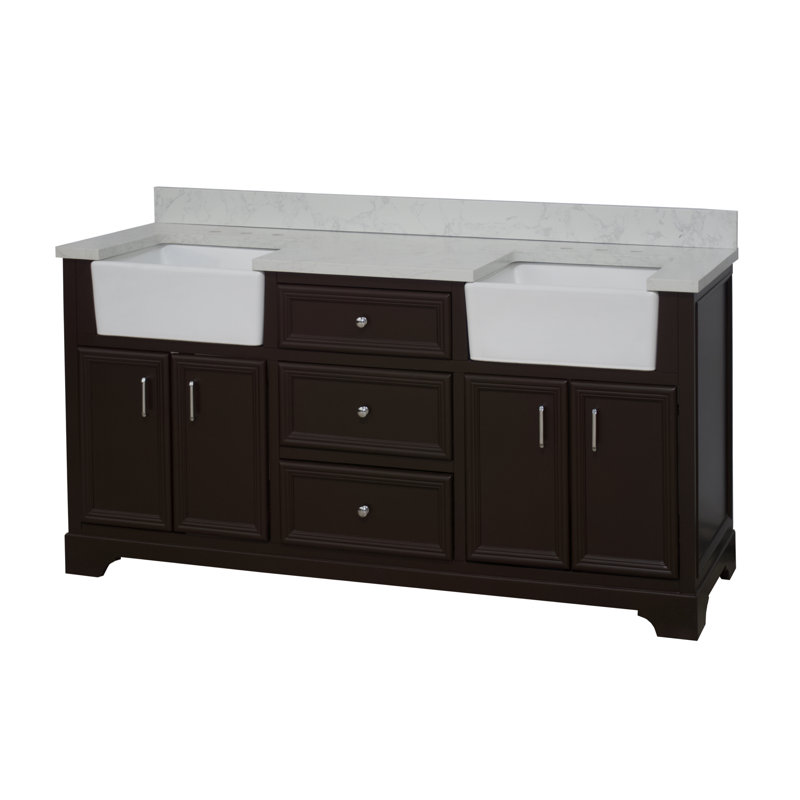 Ensemble de meuble-lavabo double 72 po Emiliano, Chocolat, Carrare d'ingénierie