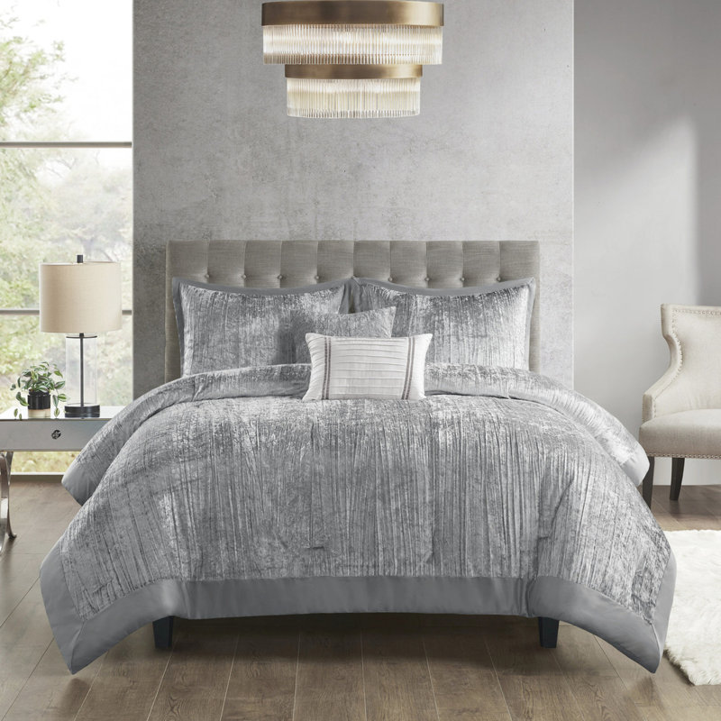 Édredon argenté double / grand 5 pièces - velours froissé, 2 taies décoratives, coussins décoratifs, 100%, apparence rembourrée, style