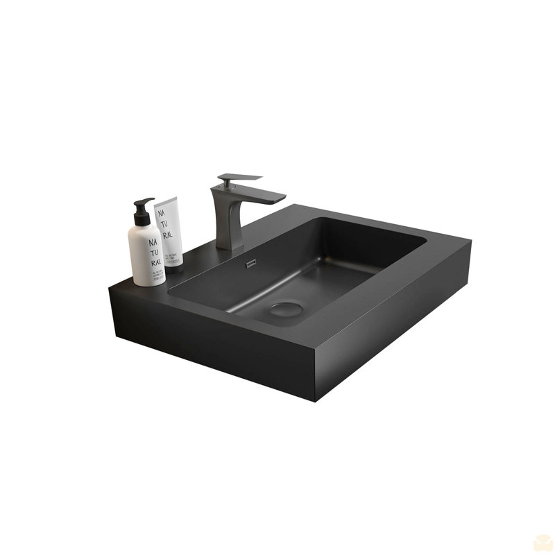 Integrated Engineered Quartz Basin Without Drain, Faucet And Cabinet, Matt Black, Brown, 24"