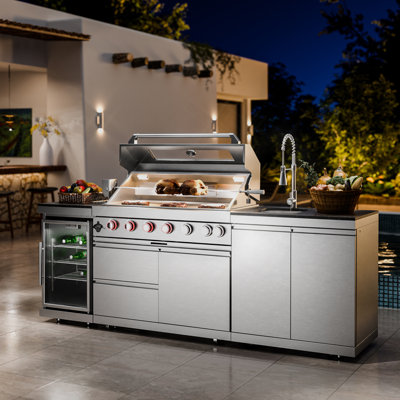 Cuisine extérieure pour îlot de barbecue au propane à 6 brûleurs avec évier pour rôtissoire en acier inoxydable