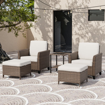 Ensemble de conversation 5 pièces pour patio avec repose-pieds courbé en osier brun