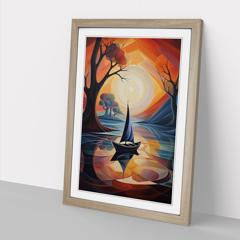Boat On A Lake Futurism - Single Picture Frame Print on Wood, Oak Framed, 34cm H x 25cm W x 2cm D