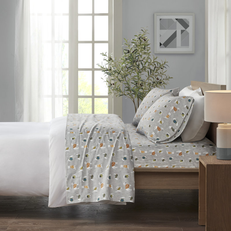 Ensemble de draps 100% coton Cozy, Ensemble de draps pour grand lit avec 2 taies d'or, Grey Dogs