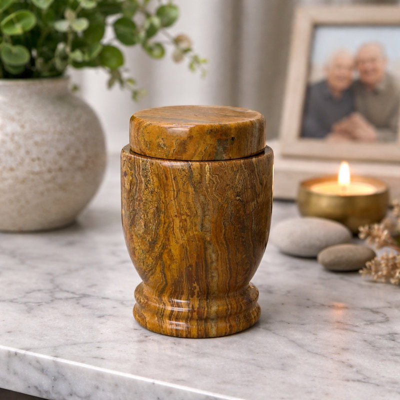 Natural Marble Cremation Urn, Brown Stone Finish, Decorative Storage Container