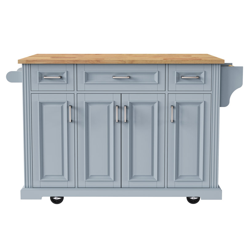 54inch Large Kitchen Island with Rubber Wood Drop Leaf, Embossed Texture Rolling Kitchen Cart on 4 Wheels with 4 Doors and 3 Drawers, Kitchen Island with Storage for Kitchen, Dining Room