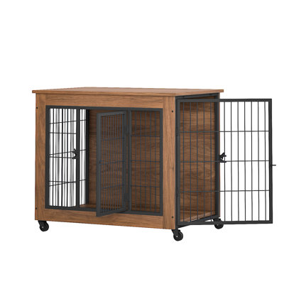 Caisse robuste pour petits chiens 32,5 po, chenil intérieur à deux portes en métal et en panneau de particules avec roulettes, table de bout de style meuble, chien anxieux ventilé facile à nettoyer, acier brun