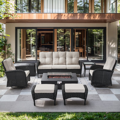 Esquer 7-Pieces Wicker Outdoor Conversation Set For 6 Person With 2 Rocking And Swivel Chairs & Fire Pit Table by Lark Manor