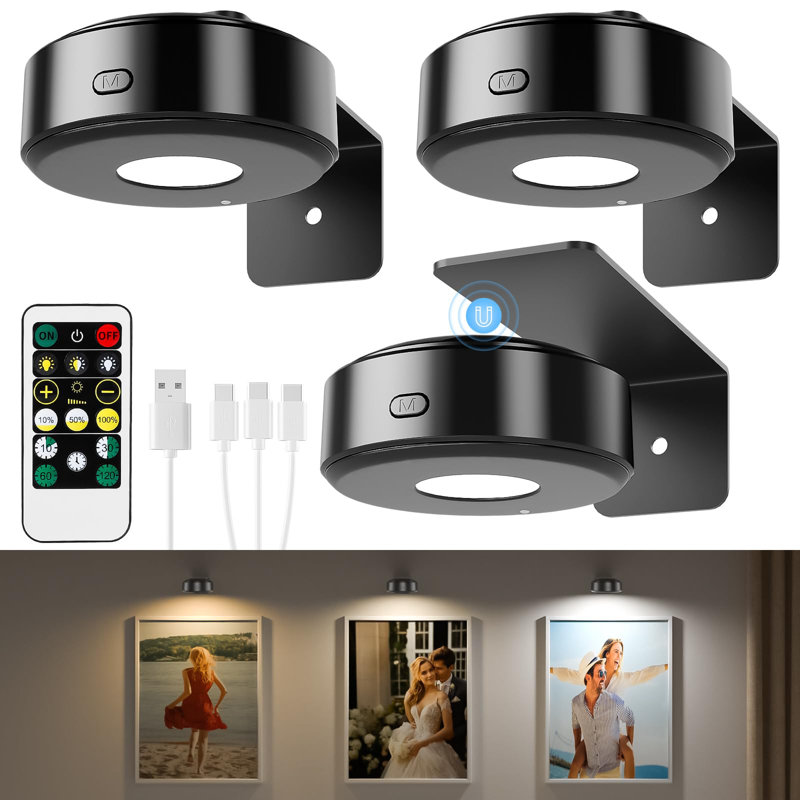 Lampe pour tableau rechargeable, applique murale sans fil 3 pièces pour œuvre d'art, télécommande à intensité variable, finition noire