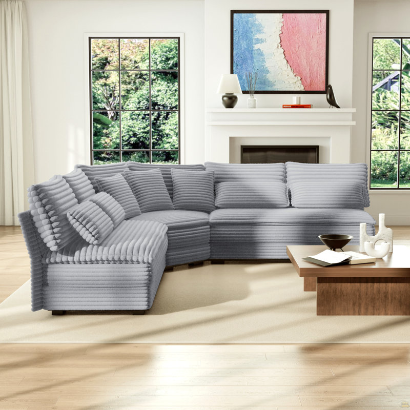 Canapé modulaire en forme de L 5 places avec coin incurvé - Tissu en velours côtelé moelleux, 7 coussins (3 coussins + 4 lombaires), mobilier de salon moderne
