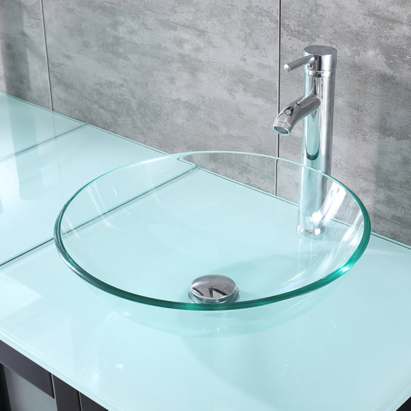 Clear Tempered Glass Round Vessel Sink with Chrome Faucet