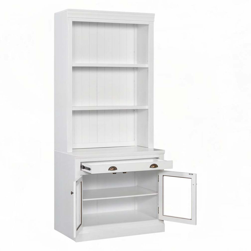 83.4"Tall Bookshelf, Modern Bookcase with 2 Glass Doors and 1 Drawer, White