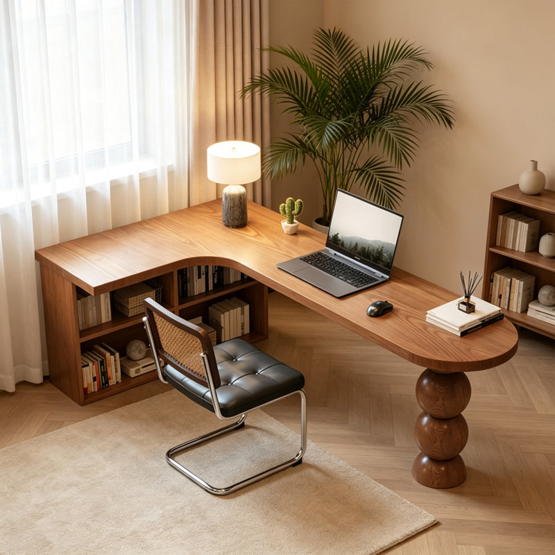 Bureau d'écriture rétro en forme de L en bois massif brun, H 29,52 po x l 70,86 po x P 47,24 po