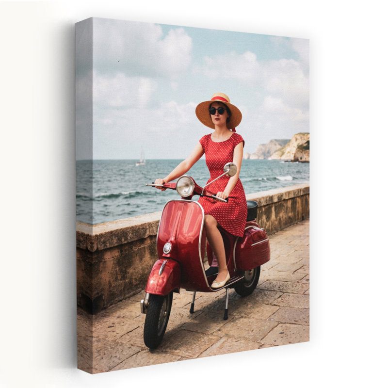 The Girl On The Red Scooter by Andreas Magnusson - Wrapped Canvas Print, 91.44 cm H x 60.96 cm W, Red/Blue