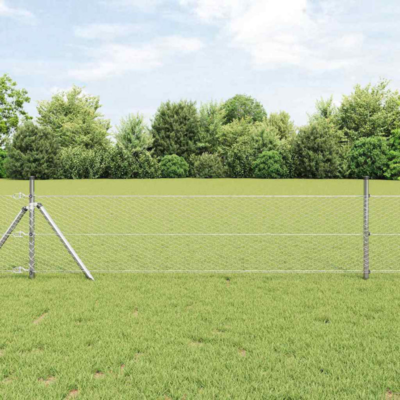 Vidaxl Fence With Posts PVC-Coated Steel, Silver, 50cm H x 2500cm W x 3.2cm D