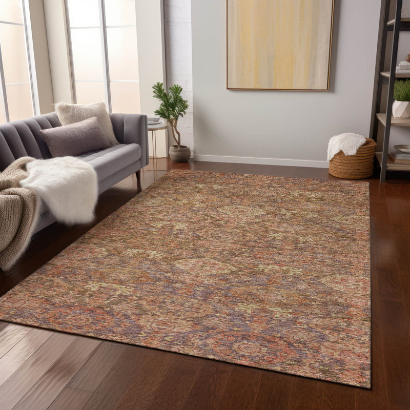 Red Synthetic Washable Rectangular 8' x 10' Damask Area Rug