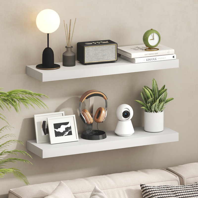 Furinno TANNA Floating Shelves for Wall Set of 2, 9 x 35 Wall Shelf, Wall Mounted Floating Shelf with Invisible Bracket, 2-in Thick Shelf, for Bathroom, Living Room, Bedroom, Home Office, White