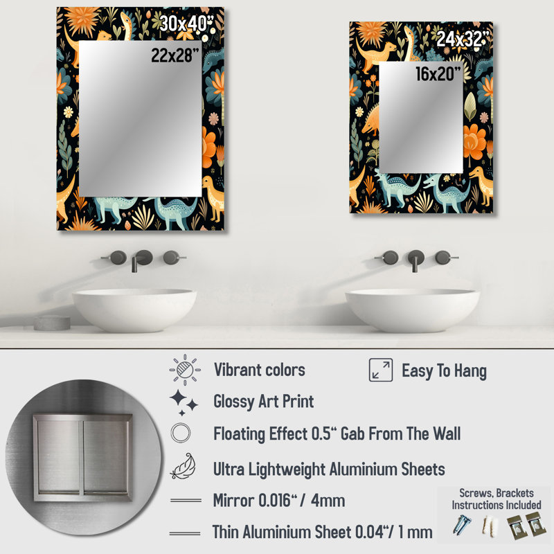 Pergamon Dinosaurs Roar - miroir unique imprimé animal, grand miroir mural imprimé animal, 40 po x 30 po