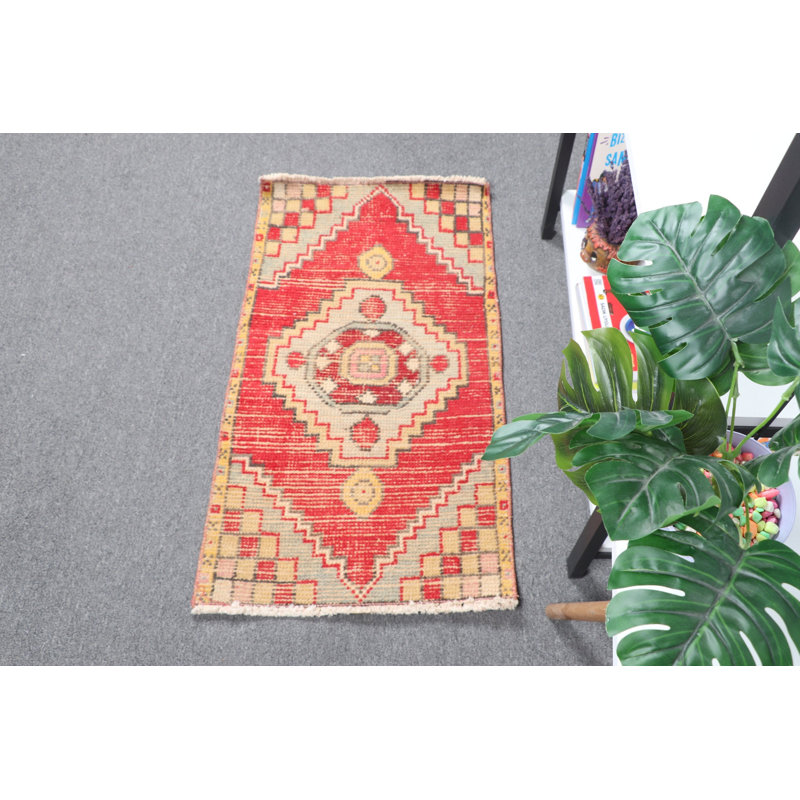 Small Vintage Turkish Oushak Rug in Vibrant Red Ideal for Bathroom Decor and as A Personalized Door Mat