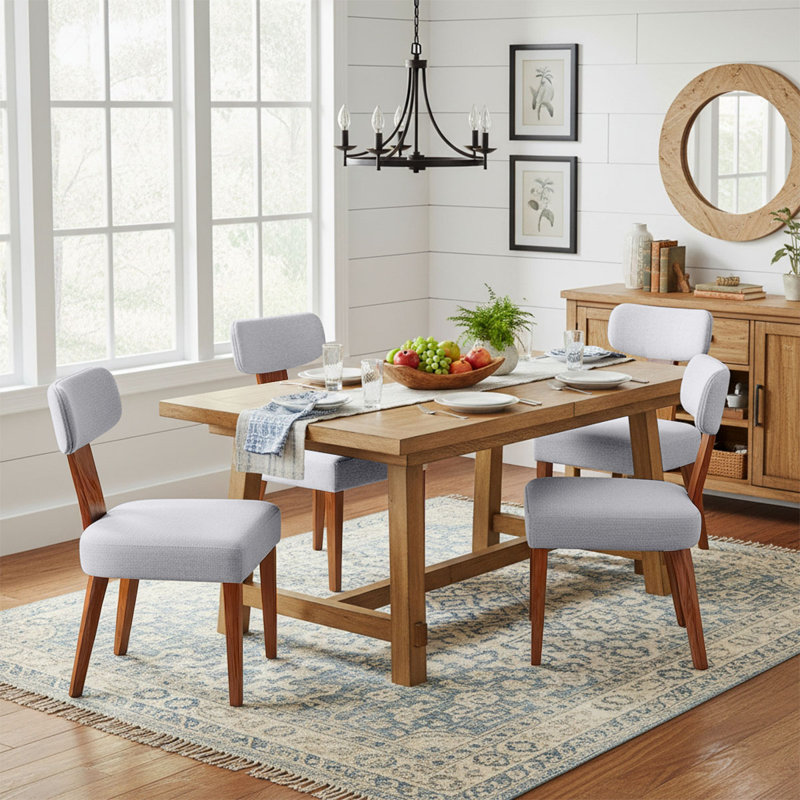 Mid Century Linen Modern Upholstered Dining Chairs Set of 4 With Wood Legs,Linen Grey, Grey, 4
