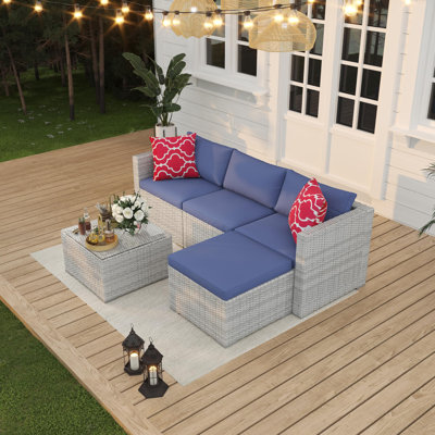 Ensemble de meubles de patio en osier 5 pièces avec canapé modulaire en L, coussins et table basse pour porche de jardin