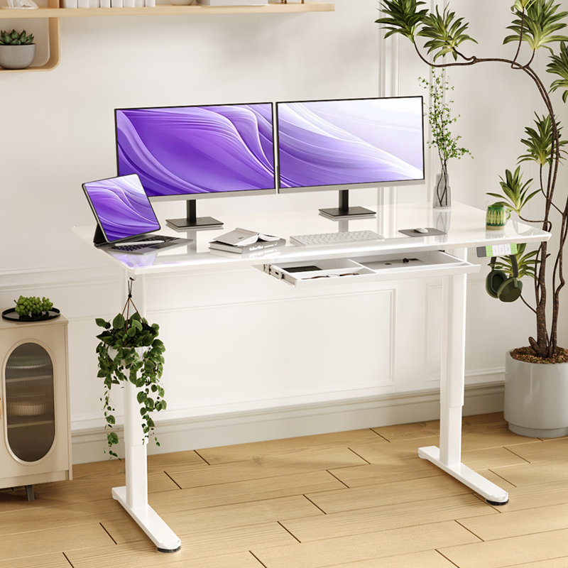 Bureau debout électrique de 55 pouces avec tiroir multifonctionnel, grand réglage de la hauteur avec 4 préréglages de mémoire - blanc