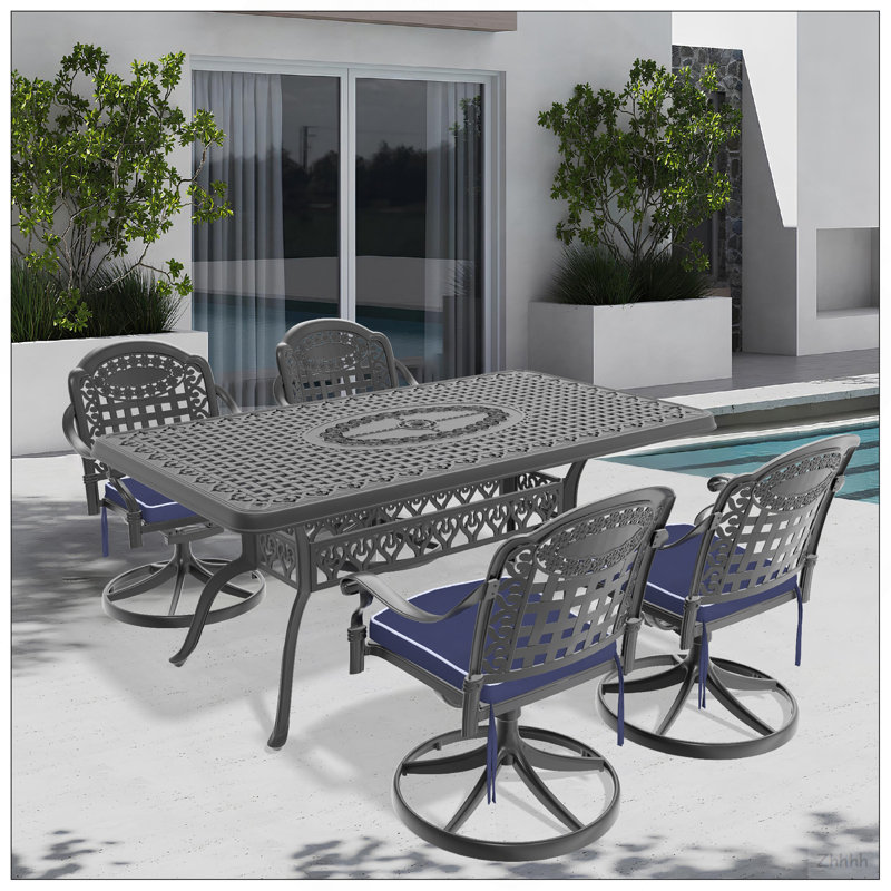 Ensemble de salle à manger 5 pièces en aluminium coulé résistant aux intempéries, comprenant 4 chaises pivotantes et une table rectangulaire avec cadre noir