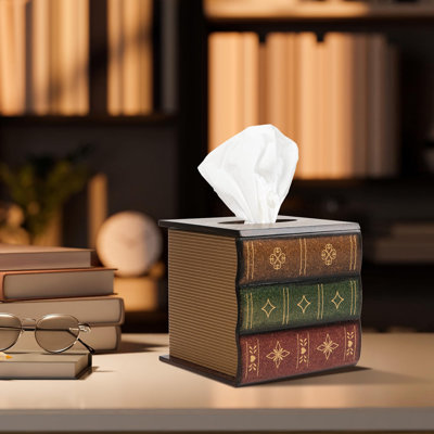 Crafted Classical Retro Wooden Antique Book Tissue Box Cover Square Tissue Holder Dispenser Paper Cover Case Napkin Holder Home Decor (Brown)