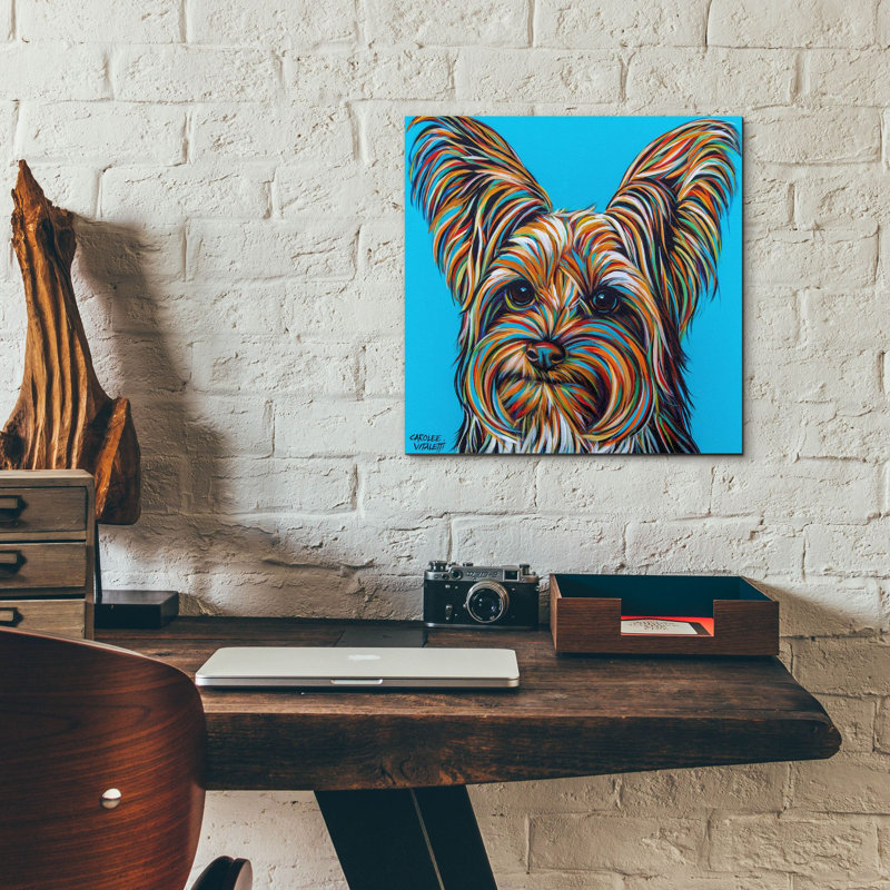 «Yorkie On Blue» par Carolee Vitaletti, art mural en verre acrylique, H 12 po x l 12 po x P 0,13 po