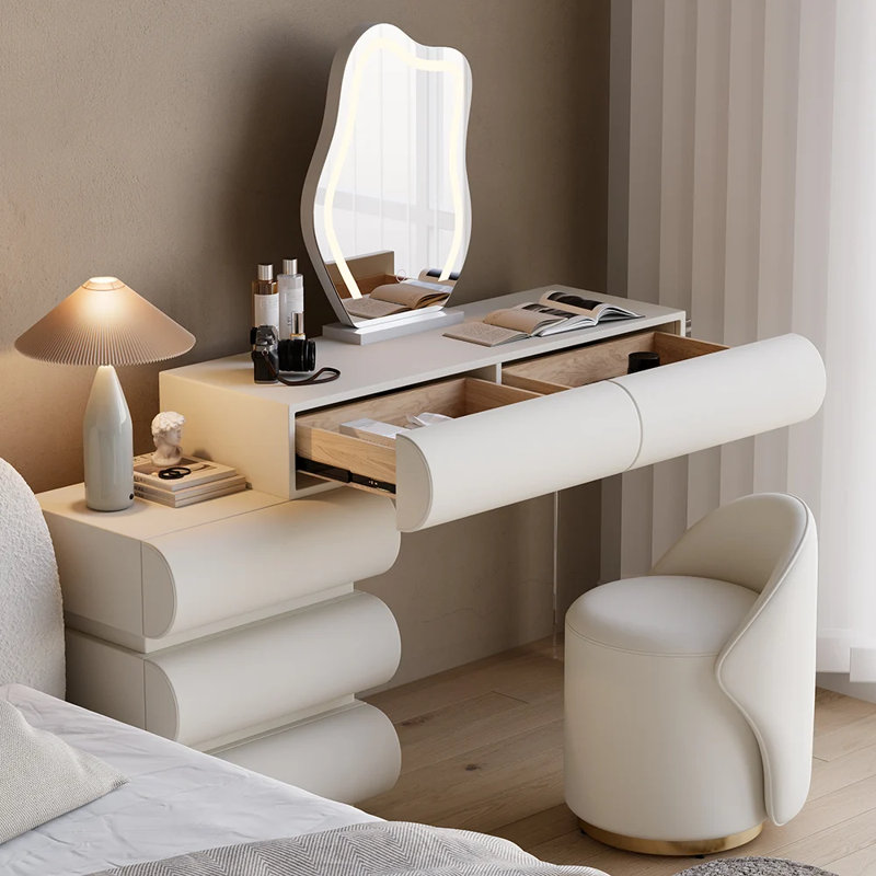 Modern White PU Leather Vanity Set with LED Mirror and Stool