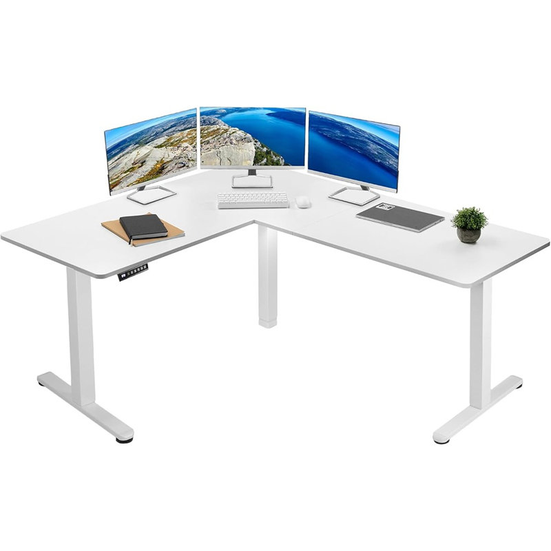 Bureau de coin en L pour bureau debout - 63 po x 55 po - Hauteur réglable - Plateau et cadre blancs