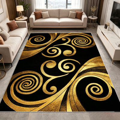 1PC Gold Black Vintage Swirl Damask Pattern area rugs for Living Room, Soft and Comfortable, Suitable for all seasons, easy-to-maintain, machine washable Indoor floor mat, Under Table Farmhouse suitable for dining room, bedroom, foyer, home entryway,