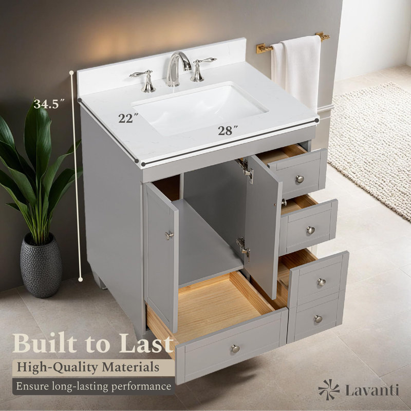 Lavanti Depos 28 Inch Bathroom Vanity with Sink – 100% Premium Solid Wood, Stylish Grey Vanity Bathroom with Storage Cabinet – Modern Bathroom Vanities with Single Vanity Sink & 1.5" Quartz Countertop