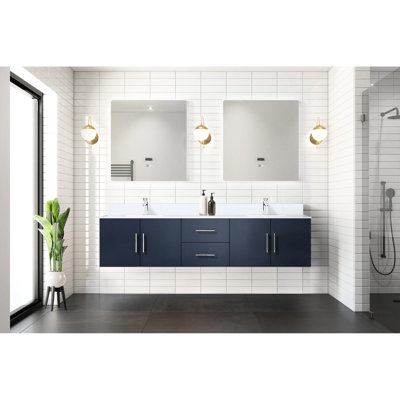 80 In. Navy Blue Bath Counter With Quartz Surface And 30 Mirrors - Stylish Vanity Unit Drawer