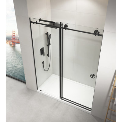 Porte de douche coulissante en verre transparent l 60 po x H 76 po en noir mat - coulissant pratique à gauche ou à droite, rouleaux silencieux, matériaux, séparation de l'eau