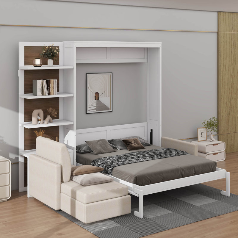 Grand lit escamotable avec canapé et tablettes, White