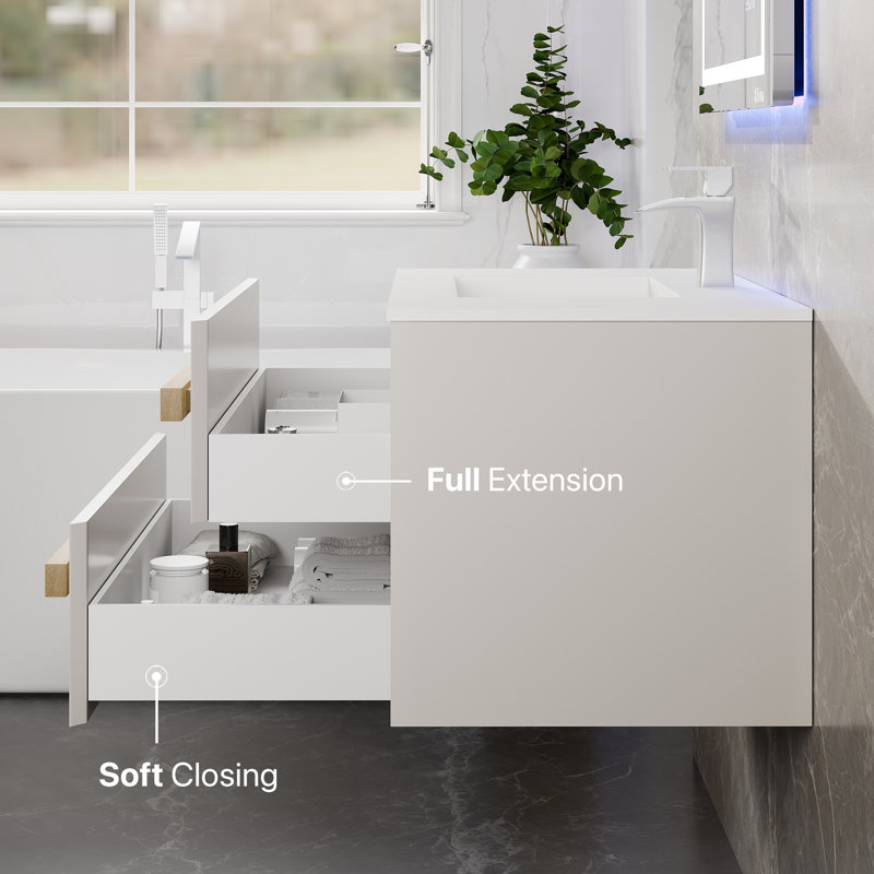 Siyka 32"W X 20"D Wall Mount Bathroom Vanity With White Solid Surface Countertop And Integrated Sink, White