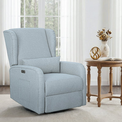 Madison Park Candace Light Blue 30"W 3-in-1 Power Recliner Wingback Swivel Glider with USB & Type-C Ports