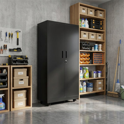 Heavy-Duty Storage Cabinet, Black Steel Metal Cabinet, Tall Garage Cabinet, with Doors, Castors, Perforated Panels and Hooks, Featuring 3 Adjustable S