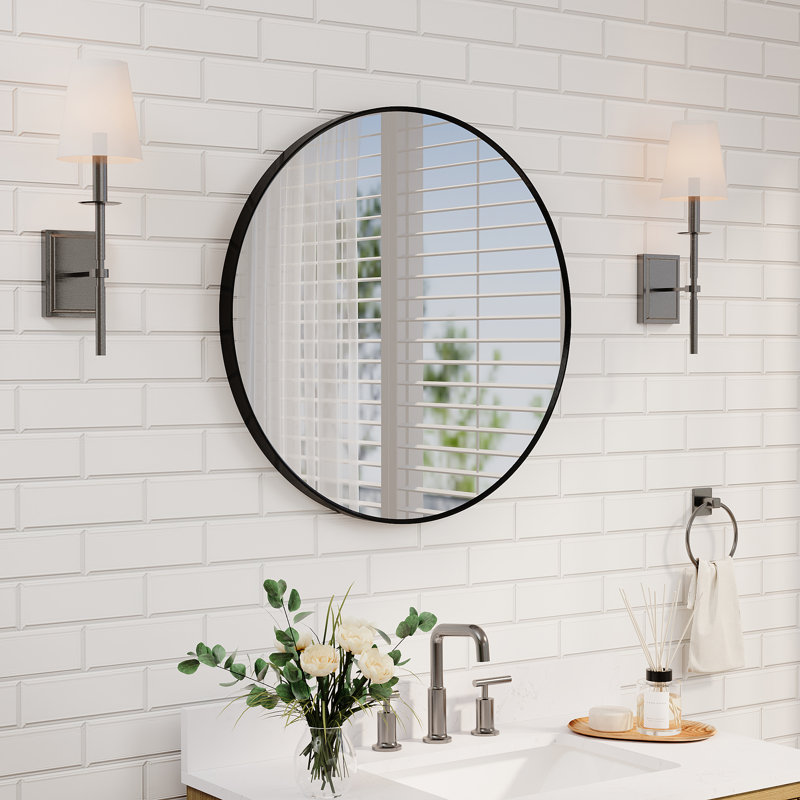 Miroir de salle de bain mural moderne en aluminium anodisé, 28 po x 28 po, Noir mat, Rond