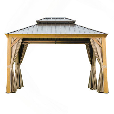 Pavillon de jardin à toit rigide 10 pi x 12 pi, auvent en bois enduit d'aluminium avec double toit en acier galvanisé, pavillon extérieur permanent en métal avec rideaux et filet pour patio, terrasse et pelouse (aspect bois)