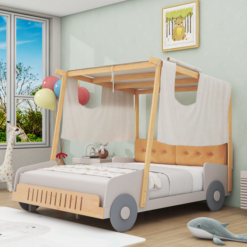 Lit voiture en bois avec tête de lit tapissier, toile de plafond et éclairage DEL, Double