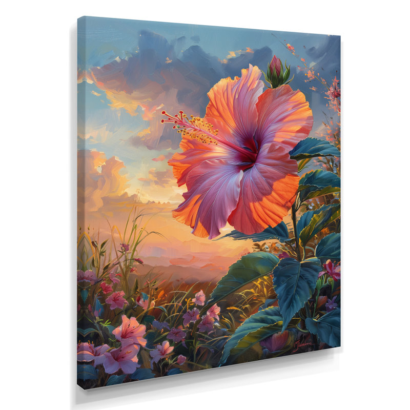 Hibiscus rose, vert, coucher de soleil tropical - Hibiscus, Toile tendue, H 12 po x l 20 po