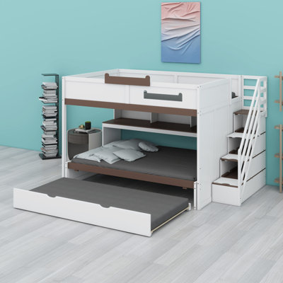 Bunk Bed With Pull-Out Trundle, Staircase Access, Built-In Shelves, And LED Lighting